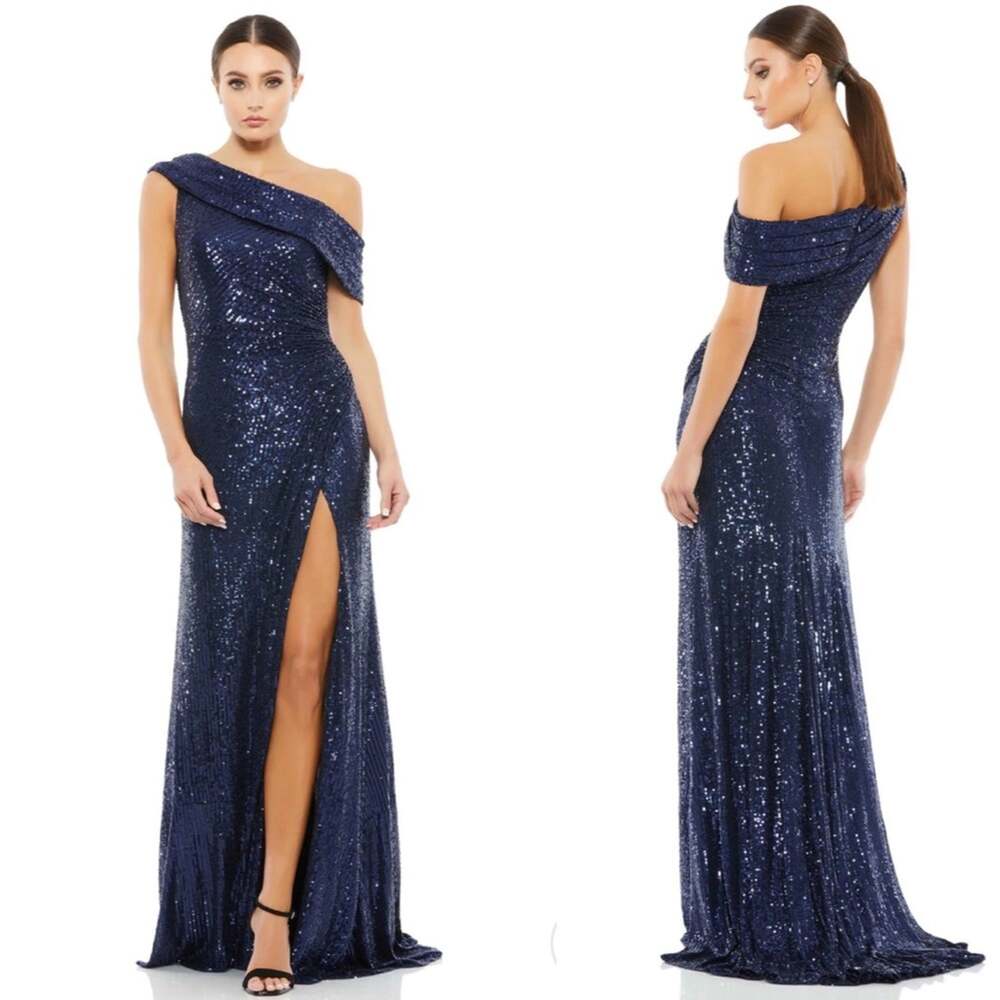 IEENA Mac Duggal 26550 Side Slit One Shoulder Sequin Gown - Midnight - 4 - NWT